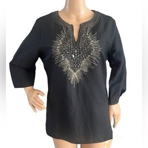 KAKTUS Women’s Embroidered Rhinestones Linen Blend Blouse